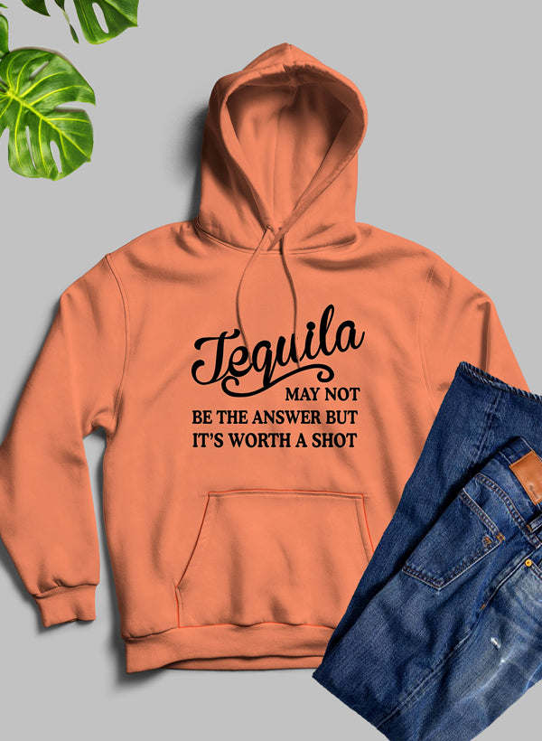 Heather Prism Peach pullover hoodie with Tequila quote graphic on chest, hood and pocket.