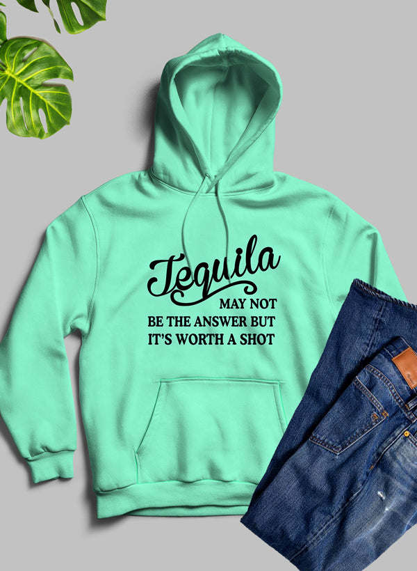 Heather Prism Mint pullover hoodie with Tequila quote graphic on chest, hood and pocket.