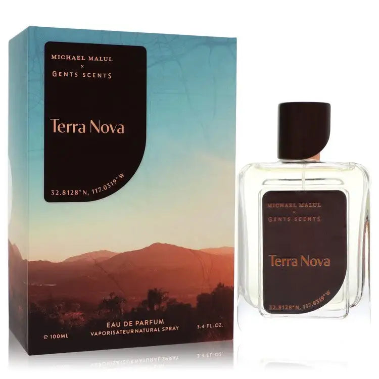 Men's eau de parfum spray bottle with brown cap, with blue-toned Terra Nova box