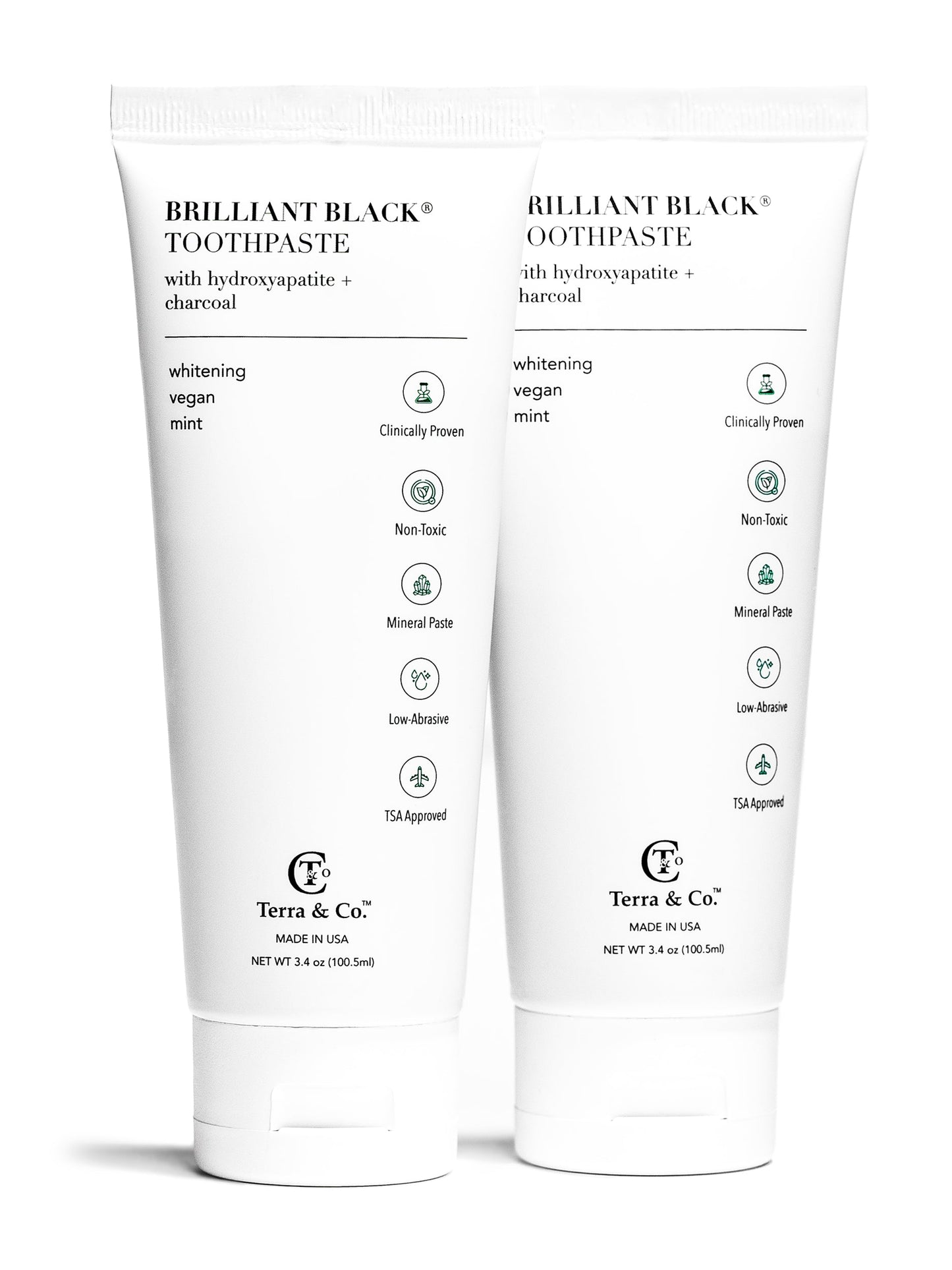 Toothpaste tube duo: Brilliant Black charcoal with hydroxyapatite, vegan mint