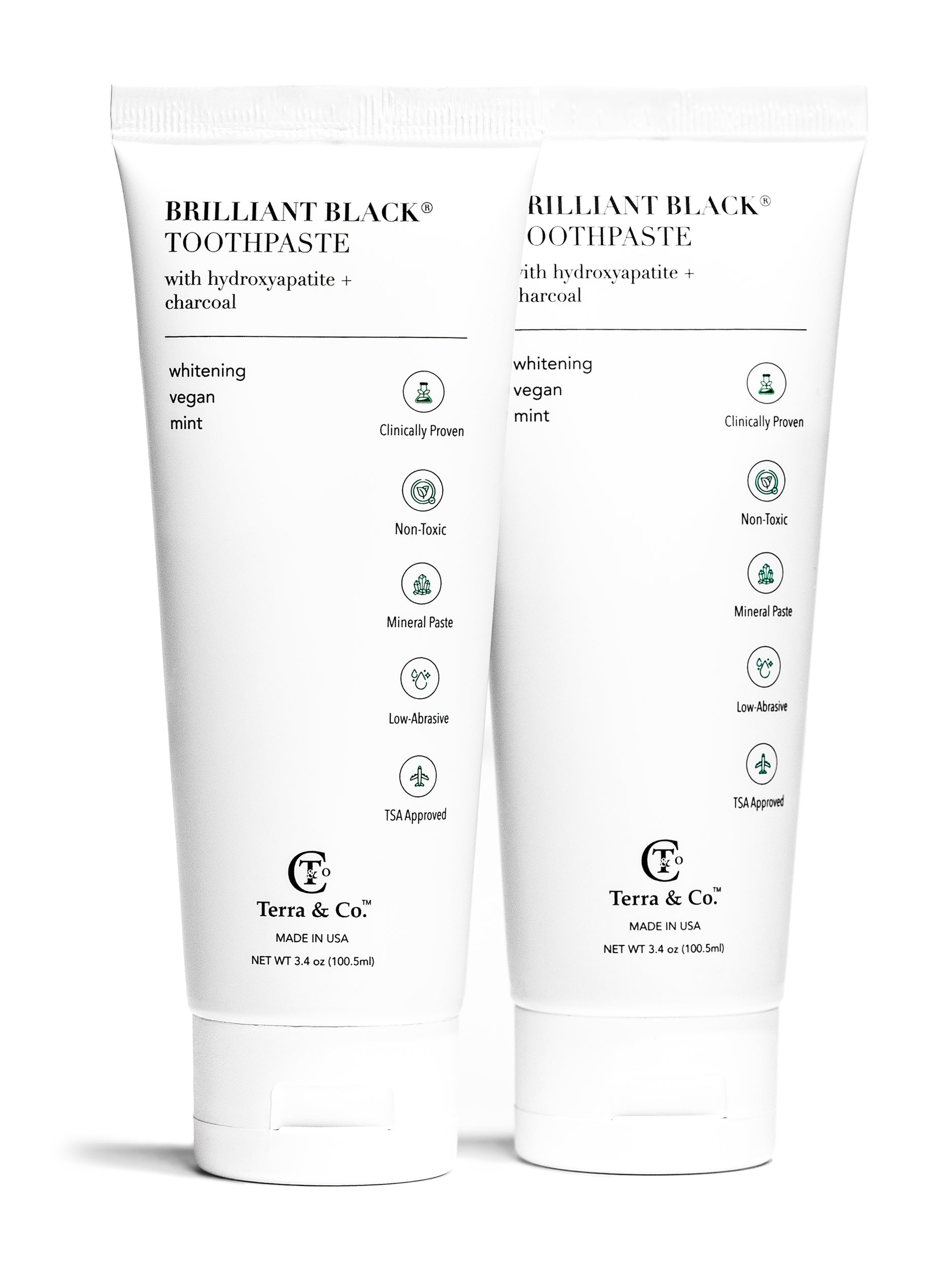 Toothpaste tube duo: Brilliant Black charcoal with hydroxyapatite, vegan mint