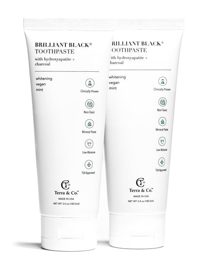 Toothpaste tube duo: Brilliant Black charcoal with hydroxyapatite, vegan mint