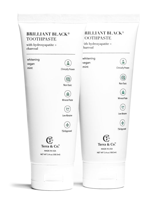 Toothpaste tube duo: Brilliant Black charcoal with hydroxyapatite, vegan mint
