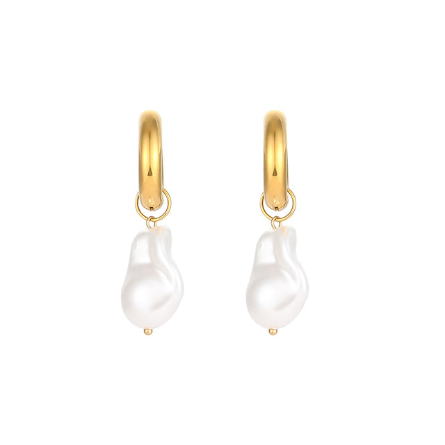 Gold-tone hoop earrings with white water-drop synthetic pearl drops, front view