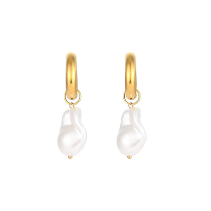 Gold-tone hoop earrings with white water-drop synthetic pearl drops, front view