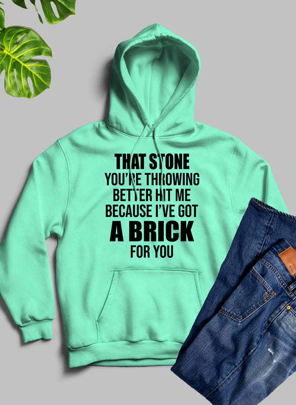 Mint green hooded sweatshirt with front text graphic and pouch pocket