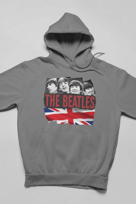 Dark grey heather hoodie with 'The Beatles' logo and band photo graphic print