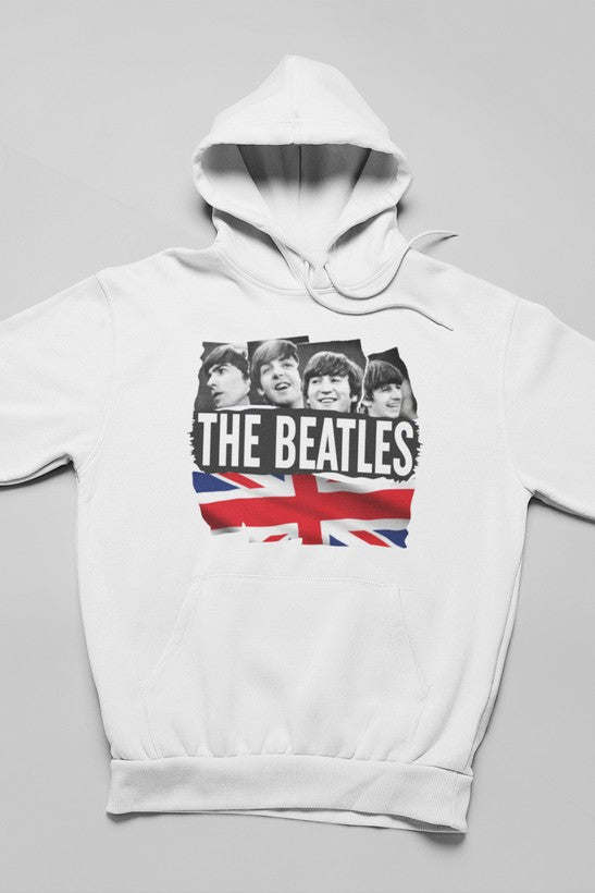 White pullover hoodie with front 'The Beatles' logo and band photo