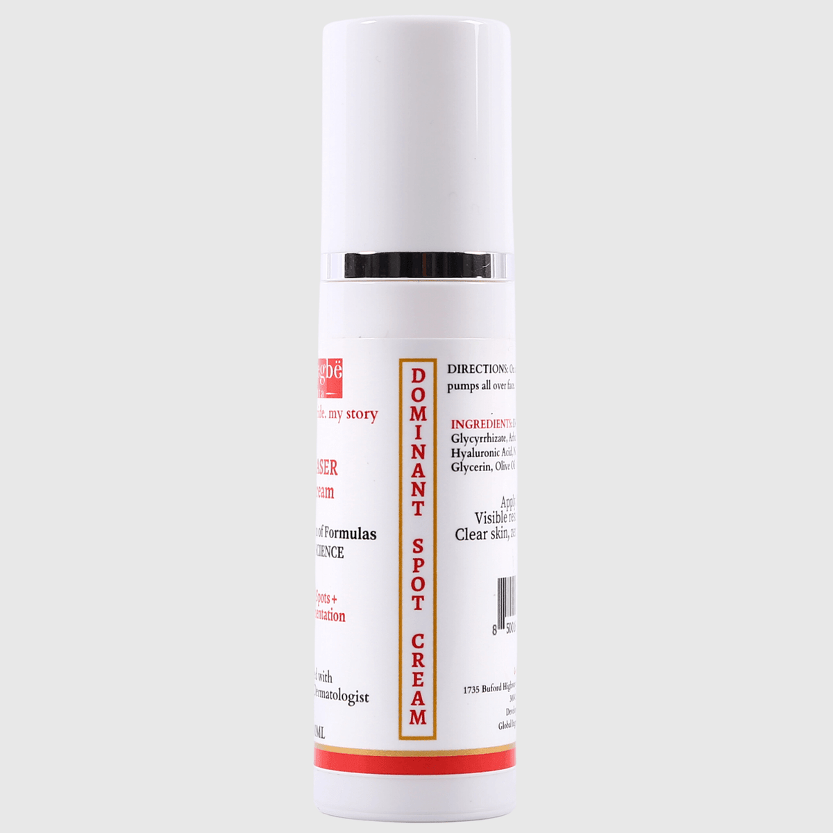 Spot corrector cream bottle back label with white pump, 30 ml container