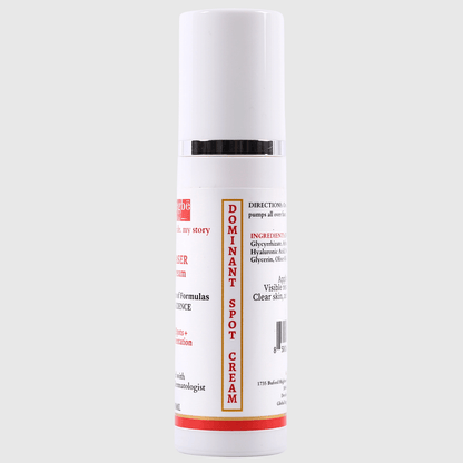 Spot corrector cream bottle back label with white pump, 30 ml container