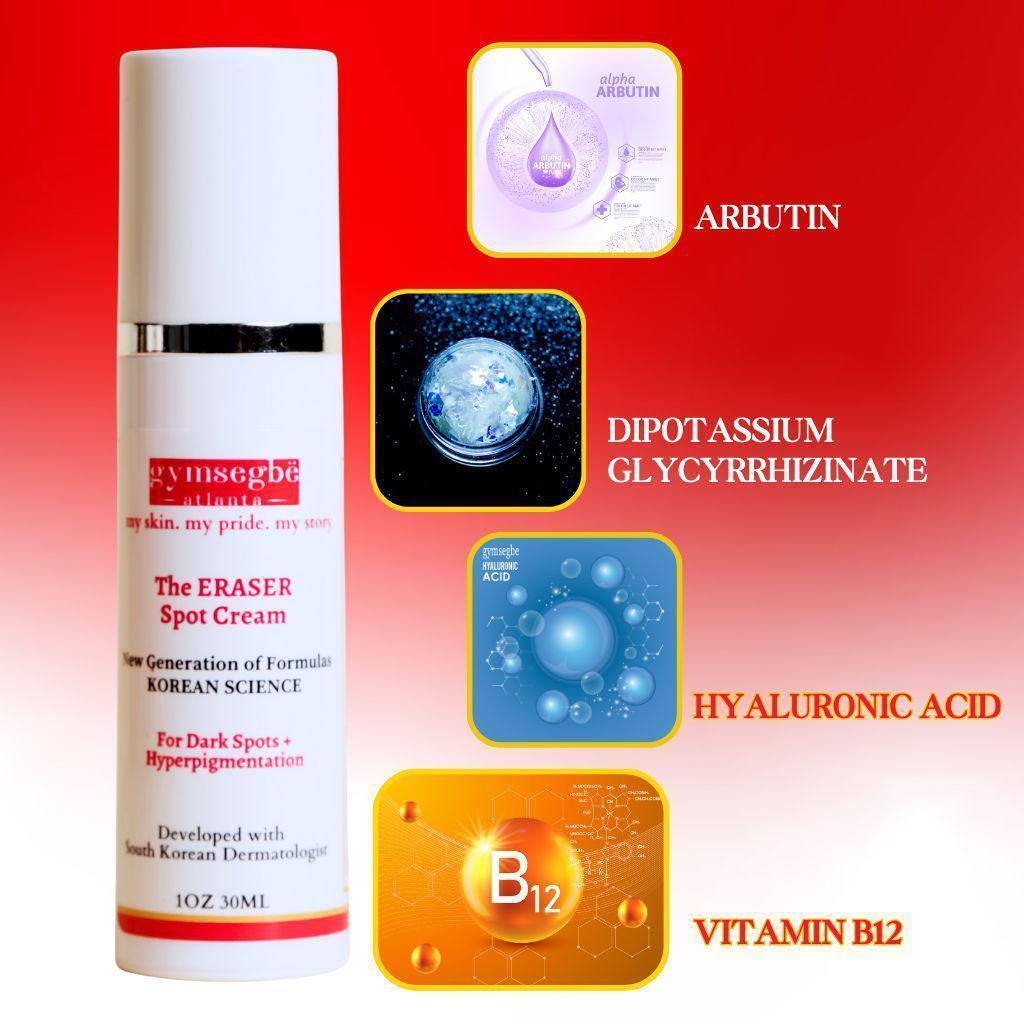 Spot corrector cream bottle with ingredient icons: Arbutin, Dipotassium Glycyrrhizinate, Hyaluronic Acid