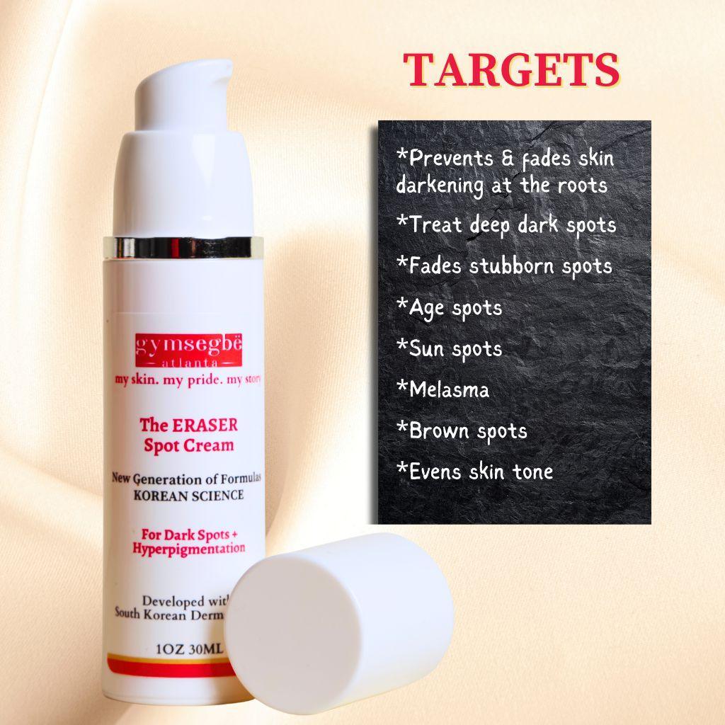 Spot corrector cream bottle with white cap piece and dark spot targets panel
