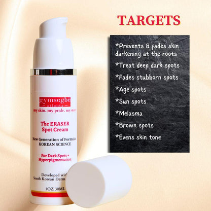 Spot corrector cream bottle with white cap piece and dark spot targets panel