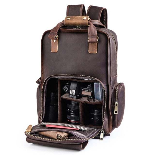 The Gaetano | Large Leather Backpack Camera Bag with Tripod Holder - Renee Lane Company