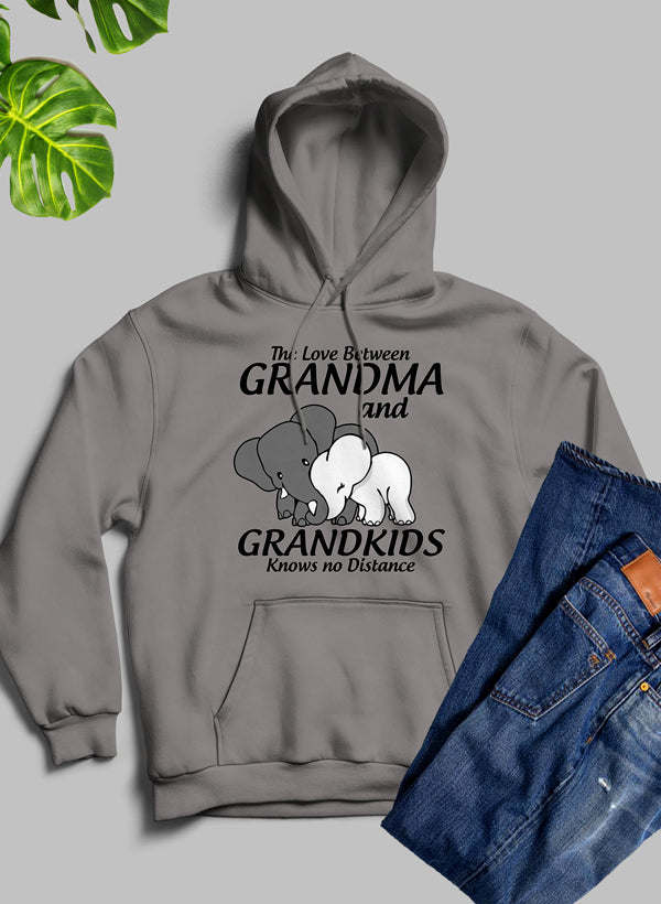 Gray pullover hoodie with front pocket and Grandma & Grandkids character illustration