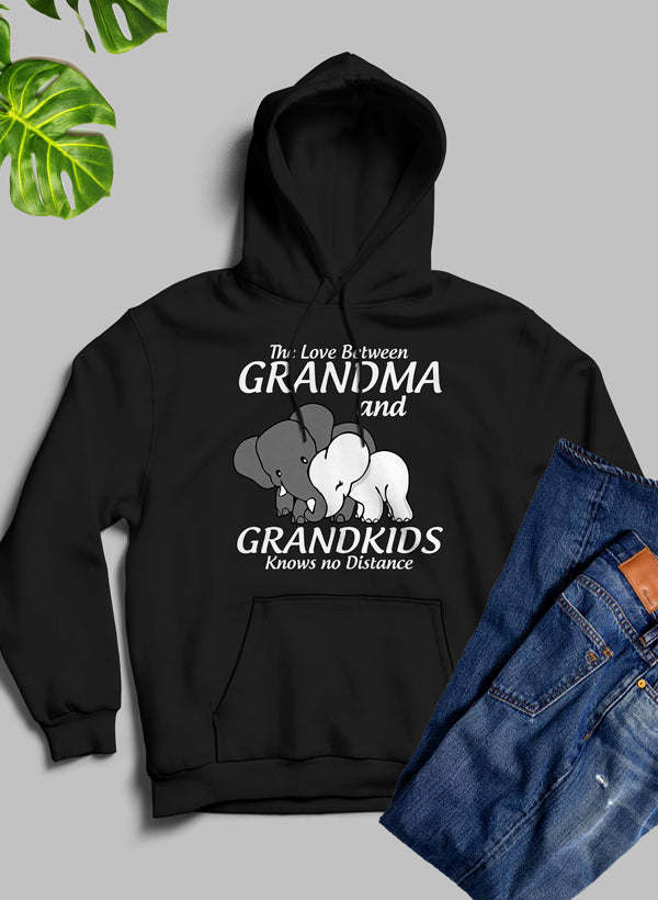 Black pullover hoodie with 'Grandma and Grandkids know no distance' front graphic
