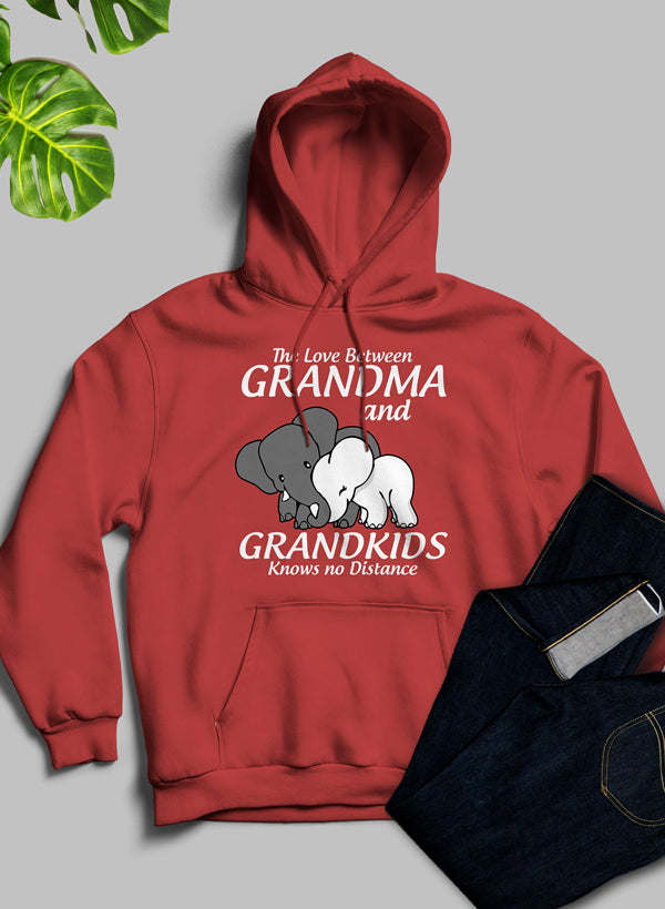 Burgundy pullover hoodie with front pocket and Grandma & Grandkids graphic illustration