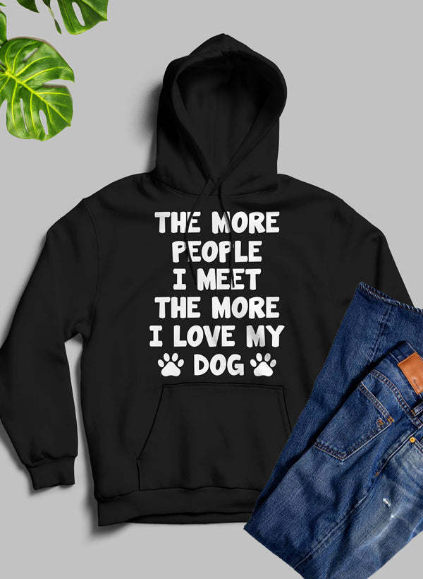 Black hoodie with hood and pocket; 'I love my dog' paw-print graphic on chest.