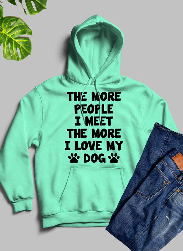 Teal hoodie sweatshirt with slogan print and dog paw graphic, front view.