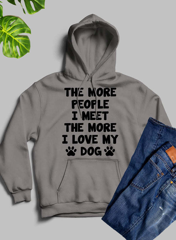 Gray heather hoodie with hood and pocket; 'I love my dog' paw-print graphic on chest.