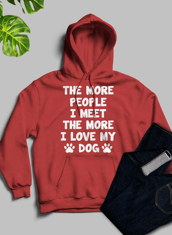 Red pullover hoodie with front hood pocket and 'I love my dog' graphic text