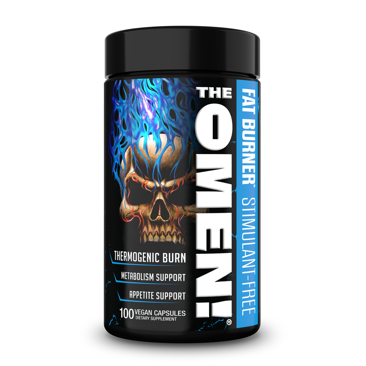 Stim-free fat burner bottle with black cap and blue flame skull front label