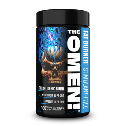 Stim-free fat burner bottle with black cap and blue flame skull front label