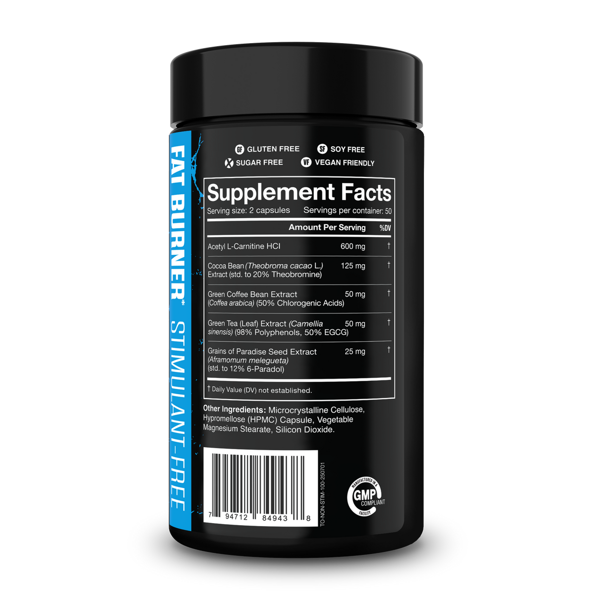 Stim-free fat burner bottle back label with Supplement Facts table and barcode