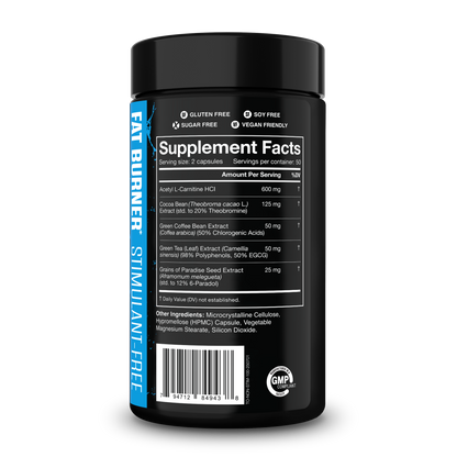 Stim-free fat burner bottle back label with Supplement Facts table and barcode