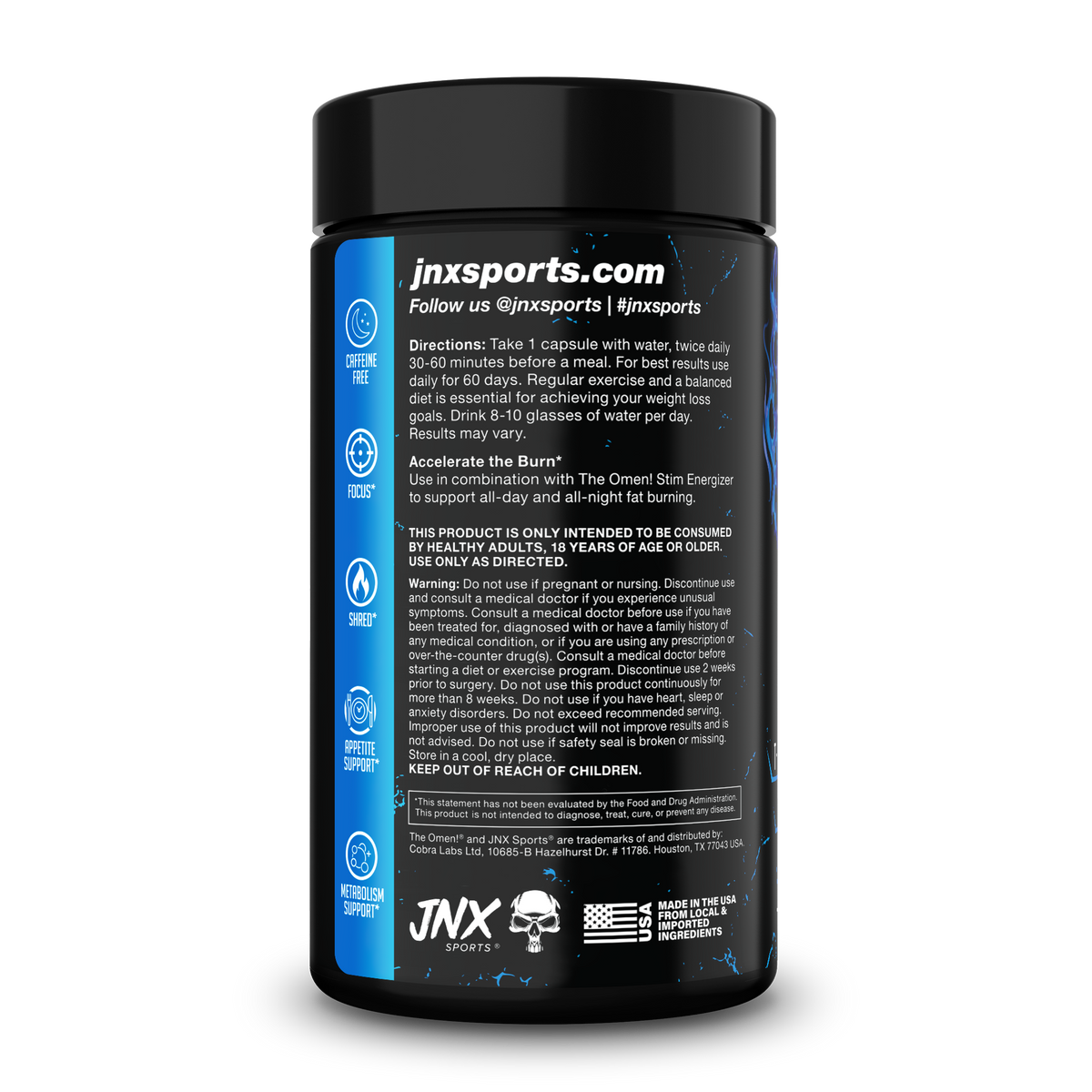 Stim-free fat burner bottle back label with directions and JNX Sports branding