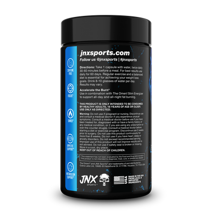 Stim-free fat burner bottle back label with directions and JNX Sports branding