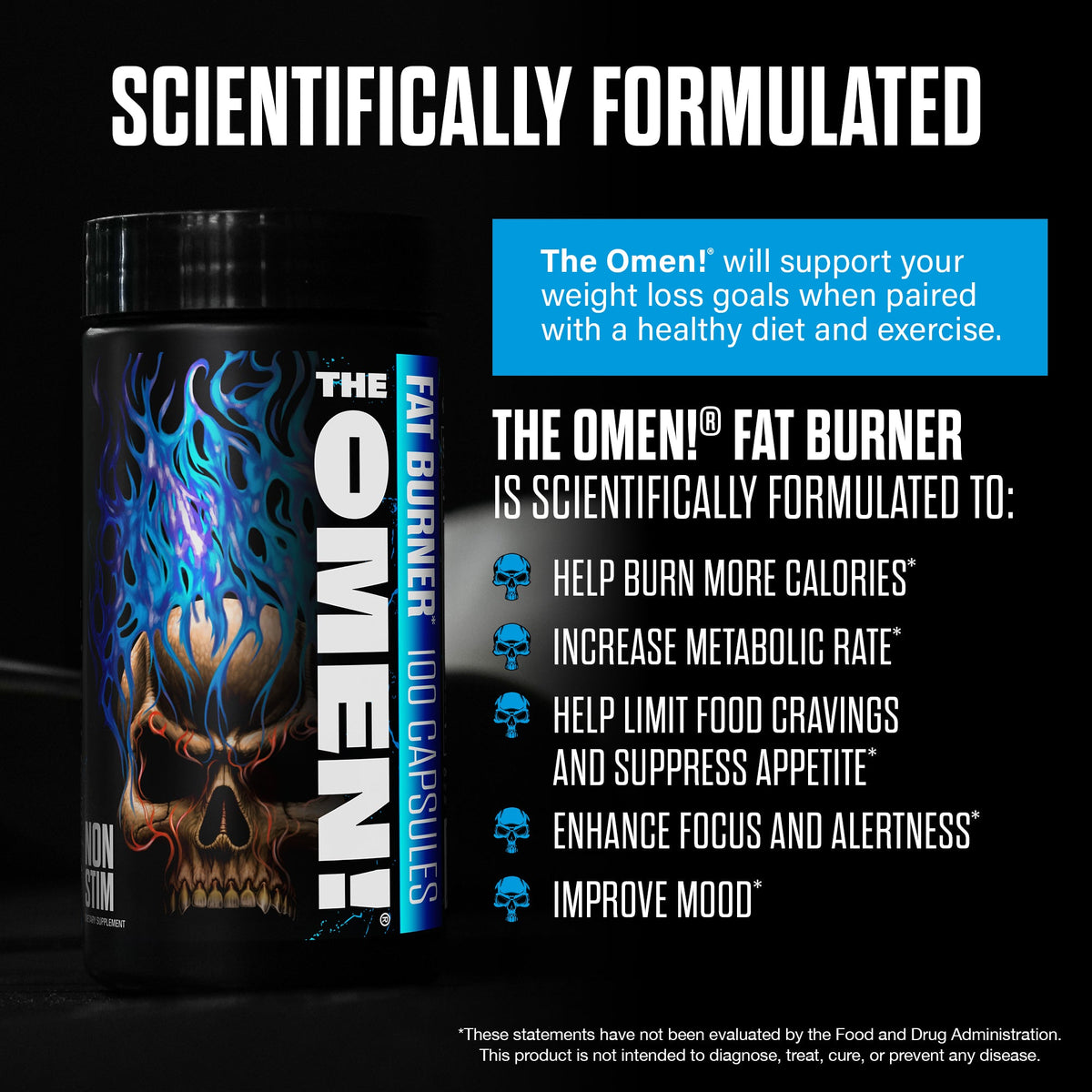 Stim-free fat burner bottle with 'Scientifically Formulated' text and benefit icons