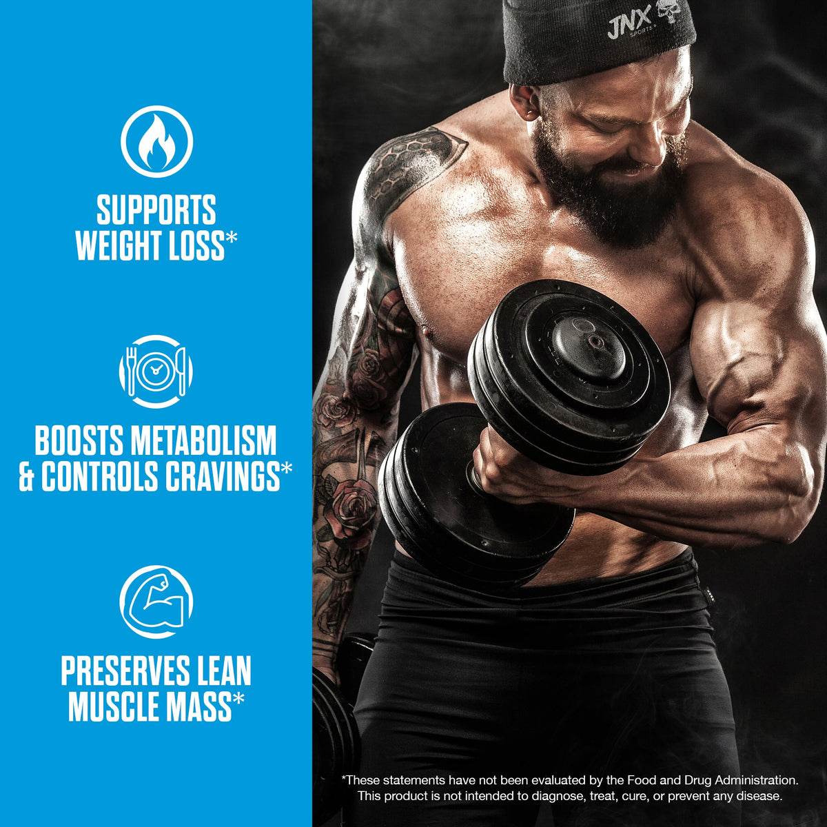 Stim-free fat burner bottle with blue benefits panel and weight-loss fitness photo