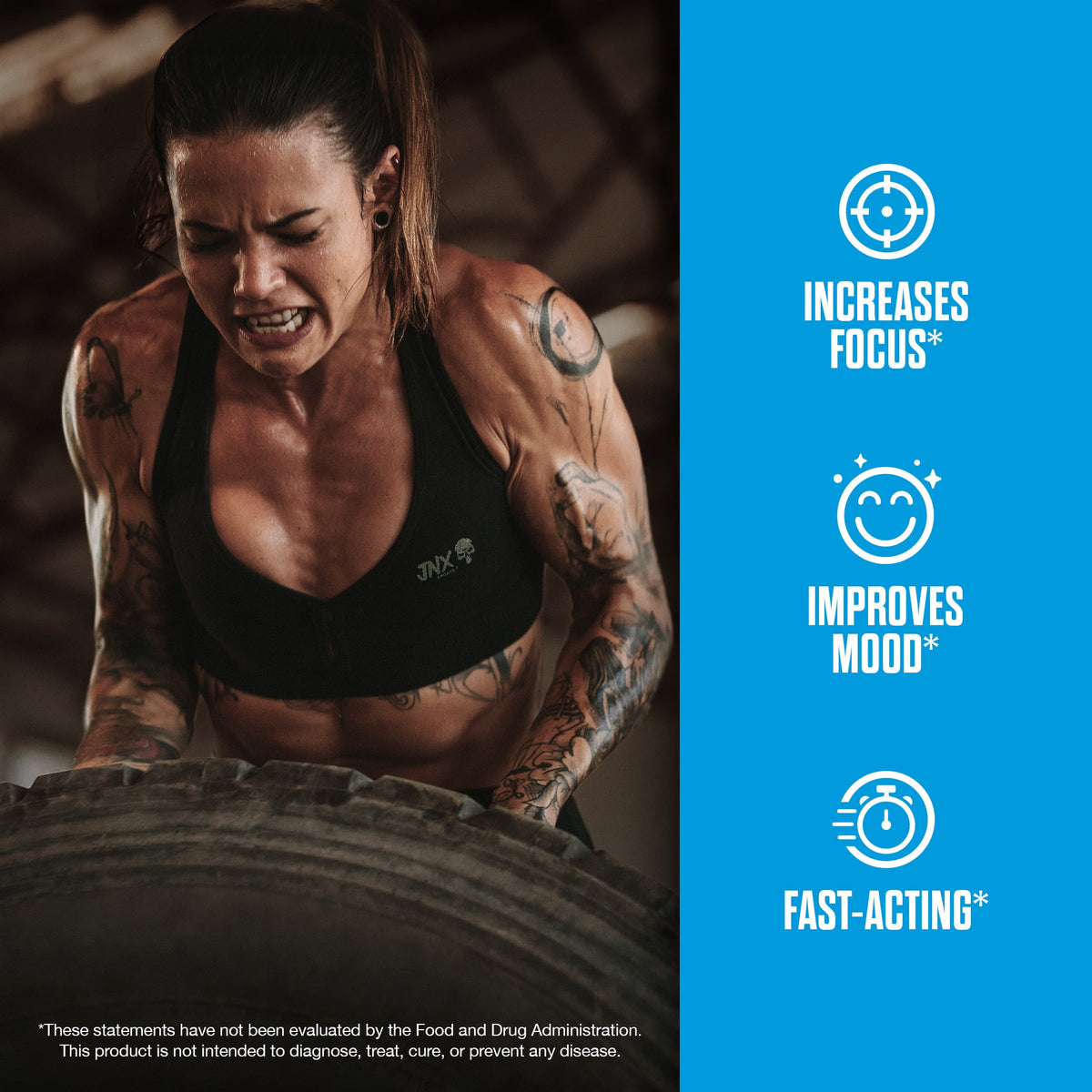 Stim-free fat burner bottle with blue benefits panel and woman workout photo