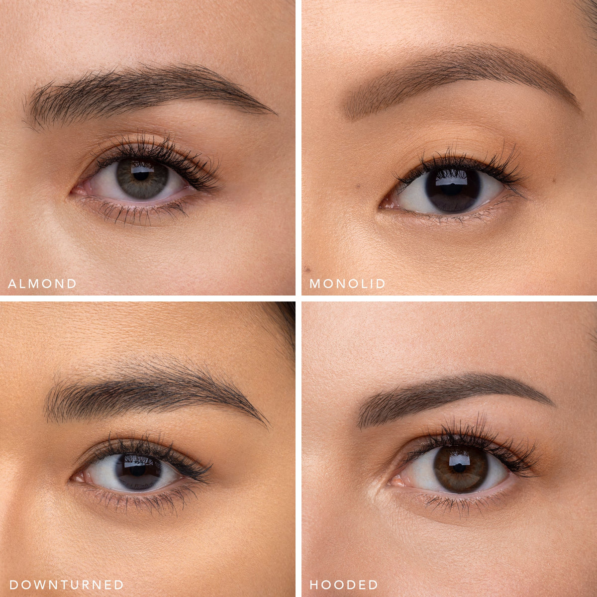 Lash routine set lash styles: Almond, Monolid, Downturned, Hooded eye close-ups