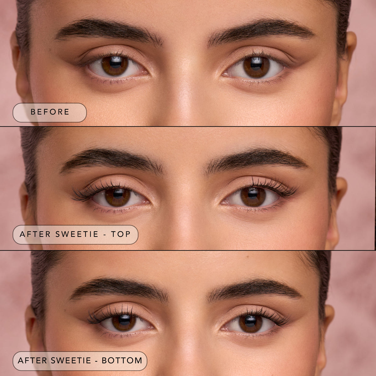 Lash routine set before/after: Sweetie top and bottom lash results on model