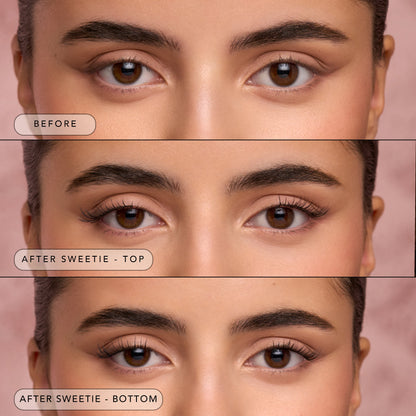 Lash routine set before/after: Sweetie top and bottom lash results on model