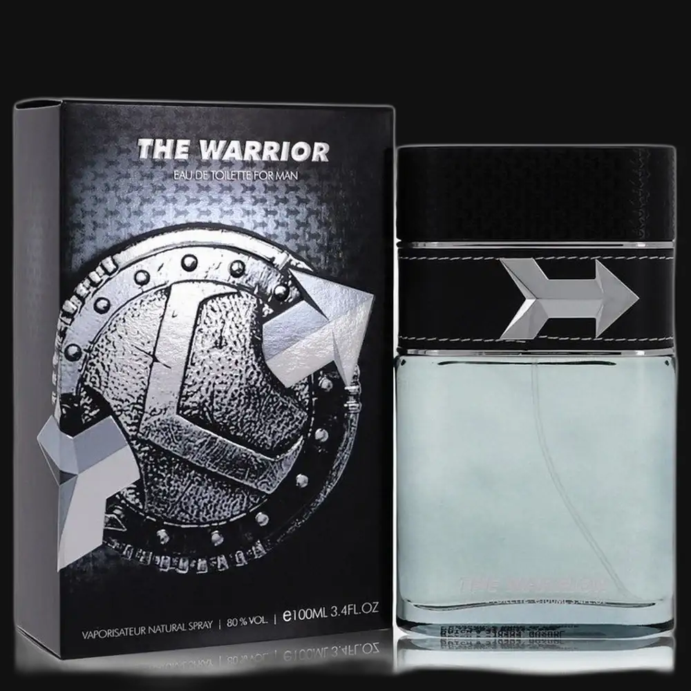 Men's cologne bottle with The Warrior box, dark cap and silver label