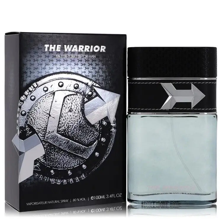 Men's cologne bottle set with graphic box, dark cap and silver front panel