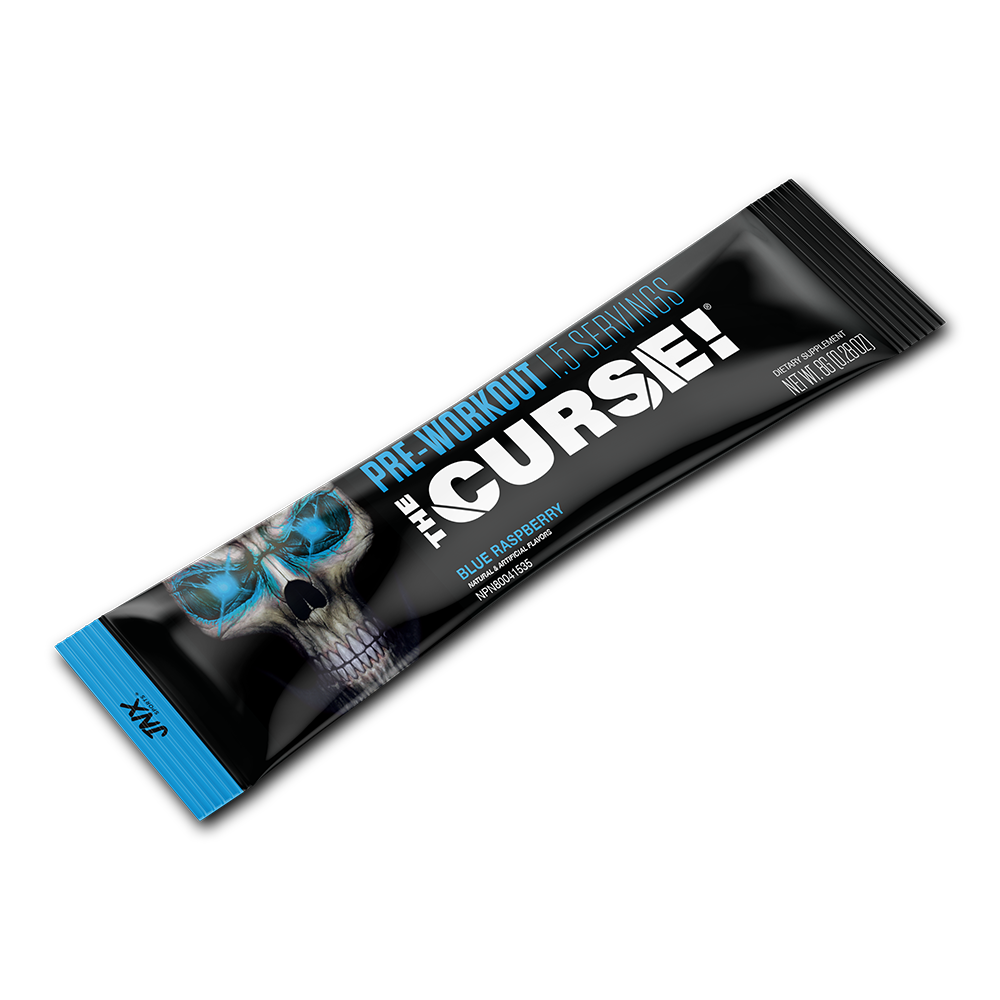 Pre-workout stick pack, blue raspberry flavor, black wrapper with skull art
