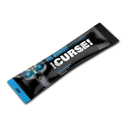 Pre-workout stick pack, blue raspberry flavor, black wrapper with skull art