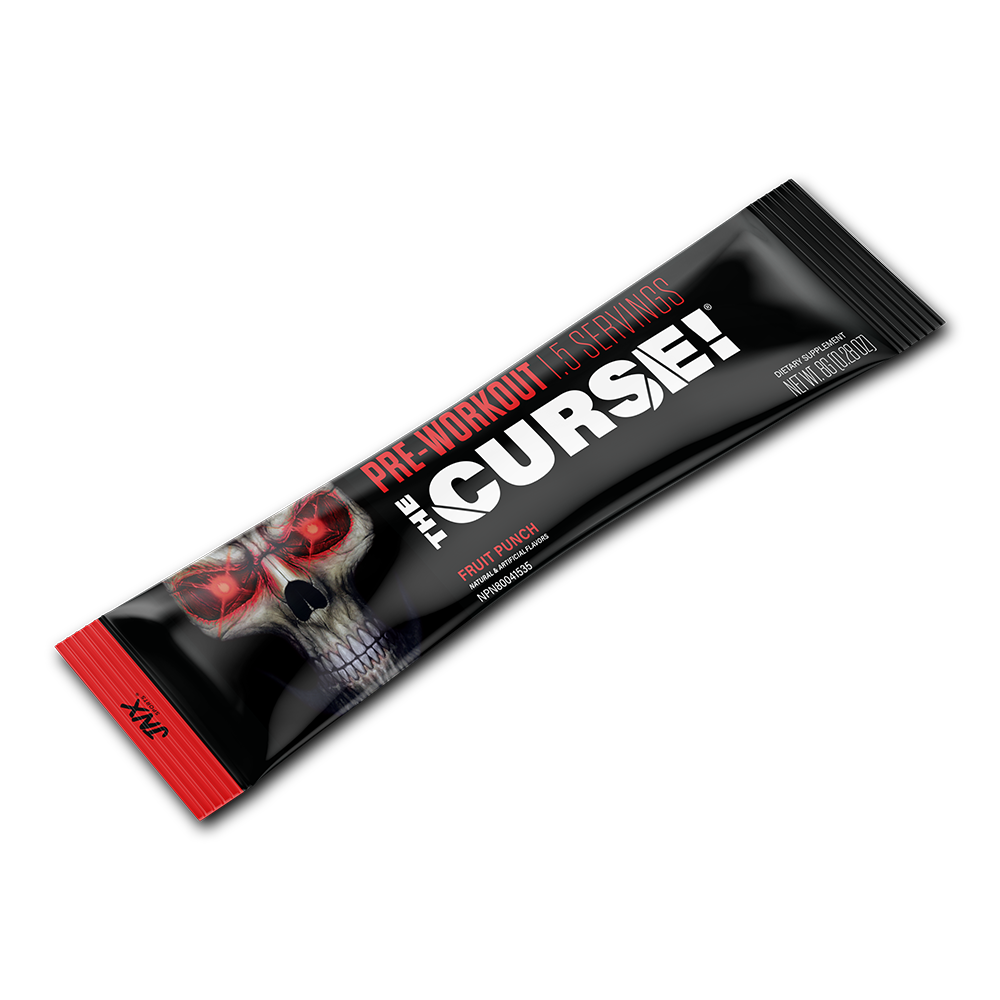 Pre-workout stick pack, fruit punch flavor, black wrapper with red skull art