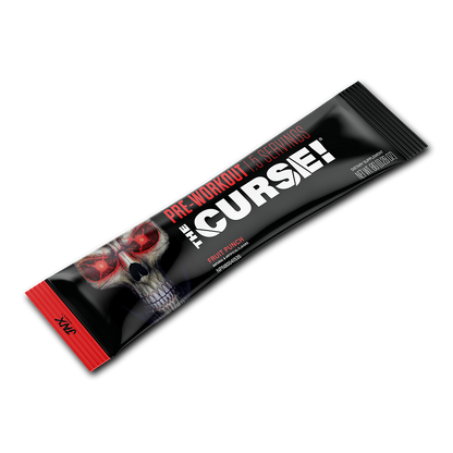 Pre-workout stick pack, fruit punch flavor, black wrapper with red skull art