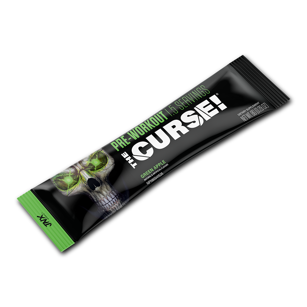 Pre-workout stick pack, green apple flavor, black wrapper with green skull art