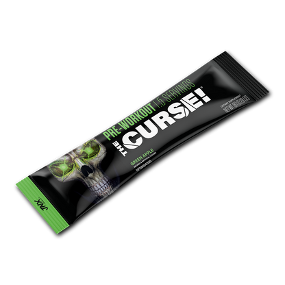 Pre-workout stick pack, green apple flavor, black wrapper with green skull art