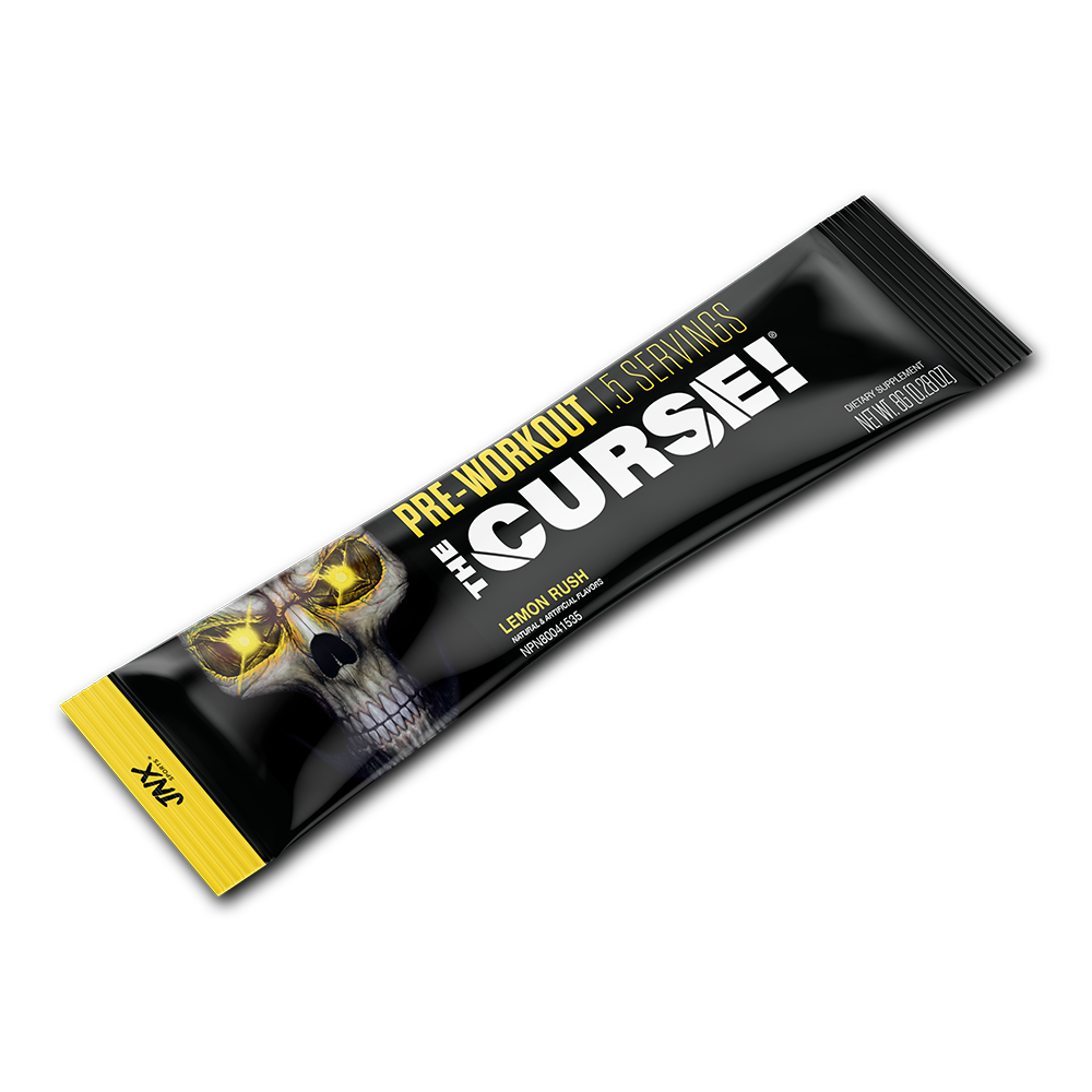 Pre-workout stick pack, lemon rush flavor, black wrapper with yellow skull art