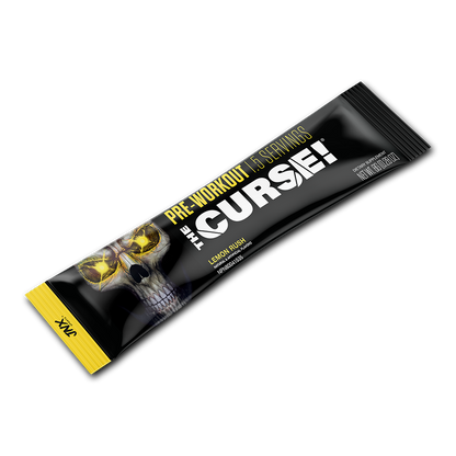Pre-workout stick pack, lemon rush flavor, black wrapper with yellow skull art