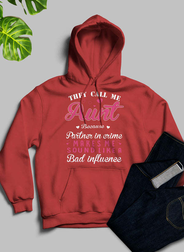 Red pullover hoodie with hood and front “Aunt” graphic