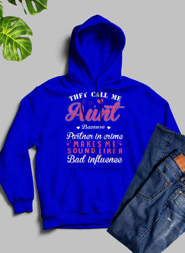 Royal blue pullover hoodie with hood and front “Aunt” graphic