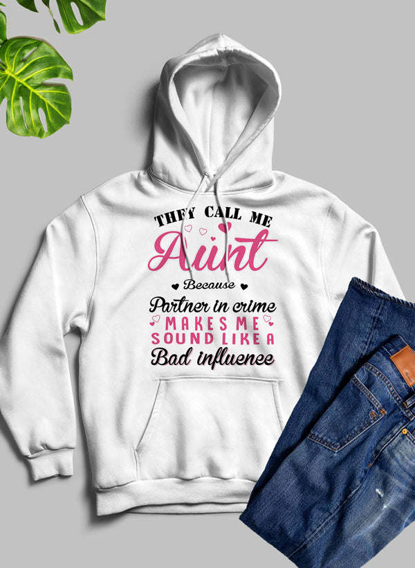 White aunt hoodie with front graphic text and kangaroo pocket